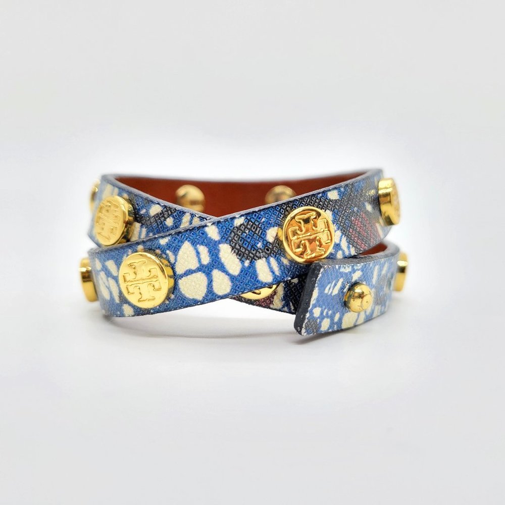 Tory Burch Double-wrap Saffiano Leather Studded Bracelet